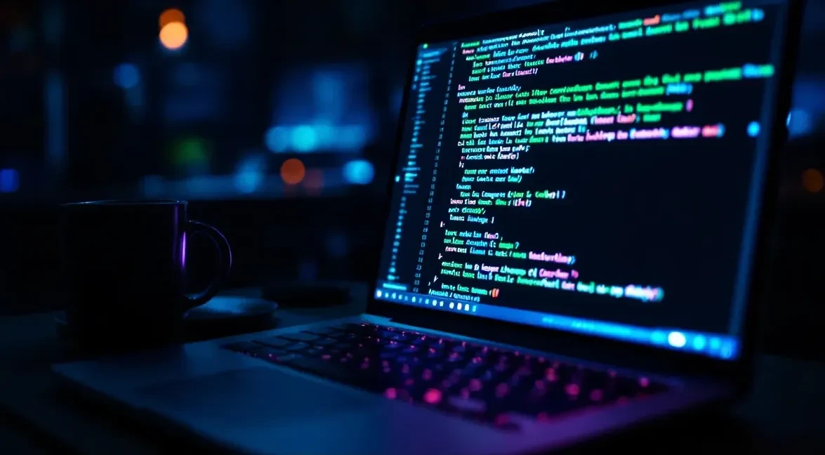 A photoreal editorial scene of a glowing laptop screen displaying green terminal code in a dimly lit developer workspace
