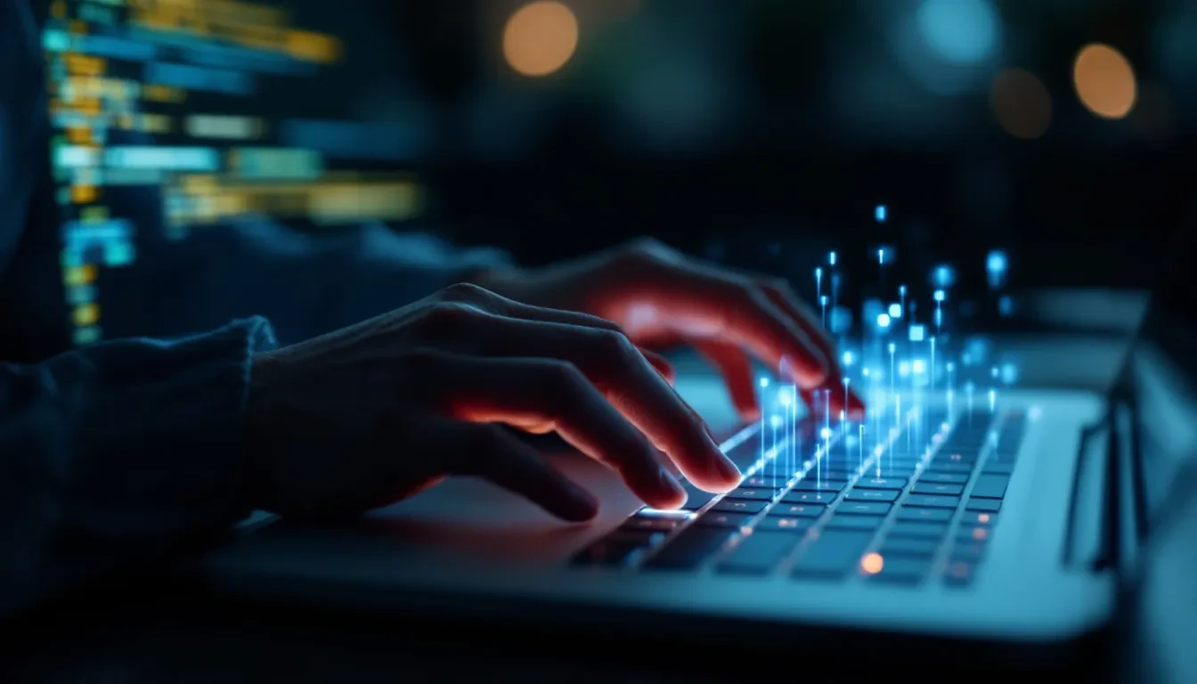 A close-up photoreal shot of hands hovering over a laptop keyboard in a dimly lit office, the glow of a browser address 