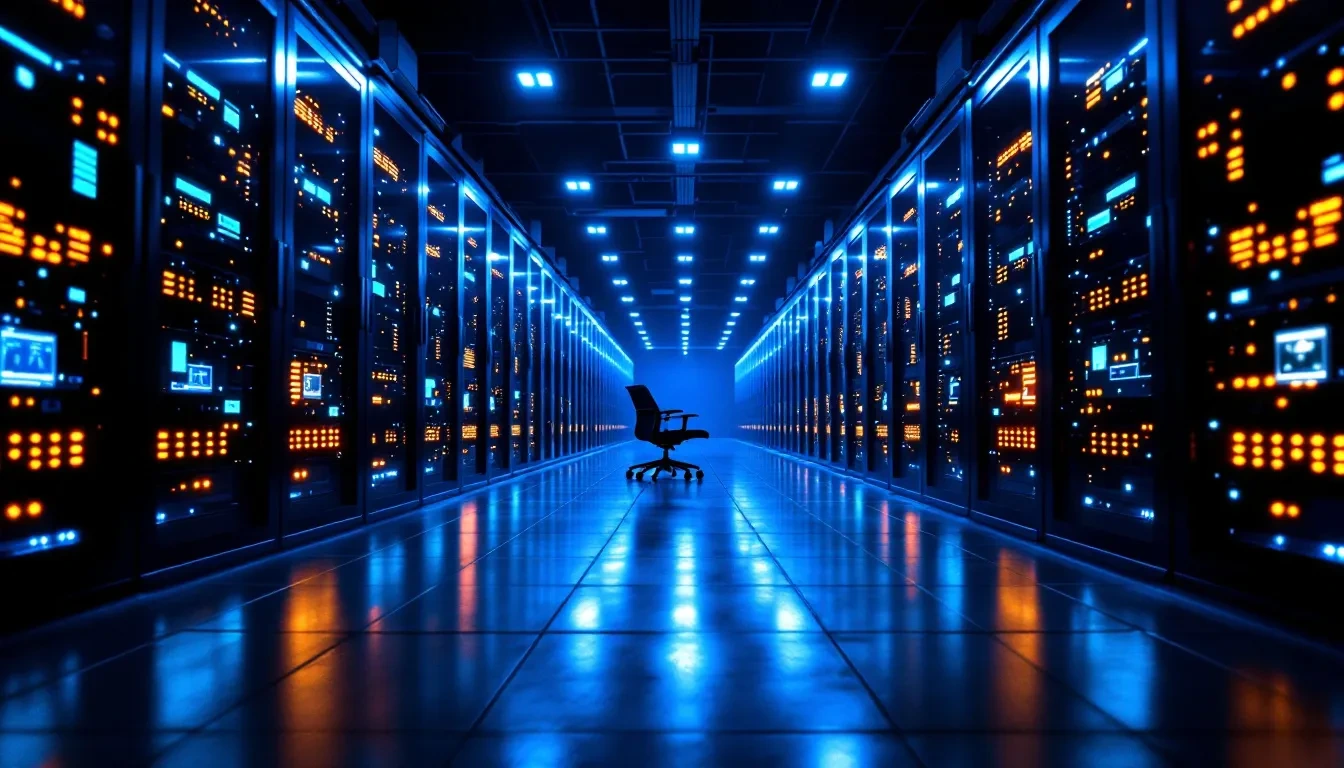 A photoreal wide-angle shot of a dimly lit enterprise server room at night, rows of glowing rack-mounted servers casting