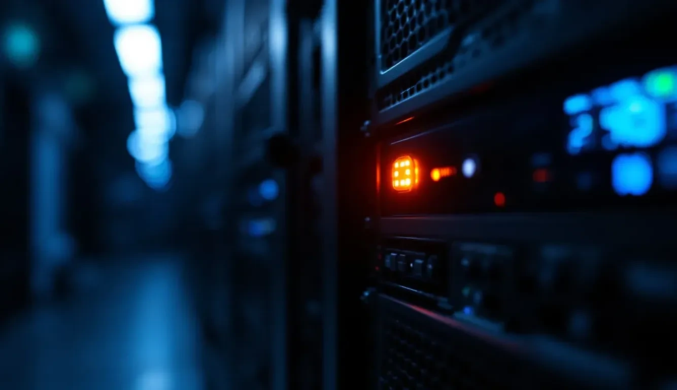 A close-up photoreal shot of a server rack in a dimly lit enterprise data center, with a single rack unit emitting a fai