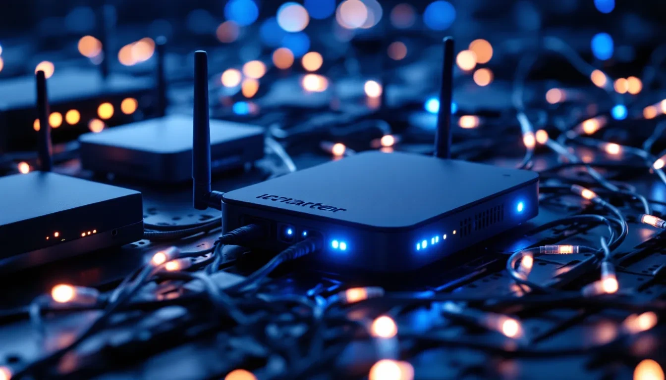 A photoreal editorial close-up of a tangled cluster of consumer routers, IP cameras, and small set-top boxes sitting on 